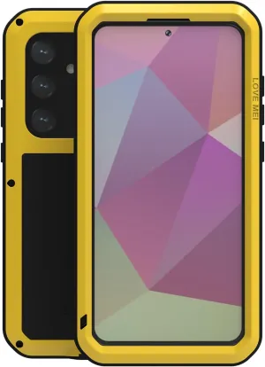 LOVE MEI Military Rugged Case for Samsung Galaxy S24 Plus, with Tempered Glass Screen Protector, Shockproof Dustproof Scratch Proof Hybrid Metal and Silicone Gel Heavy Duty Full Body Cover Yellow