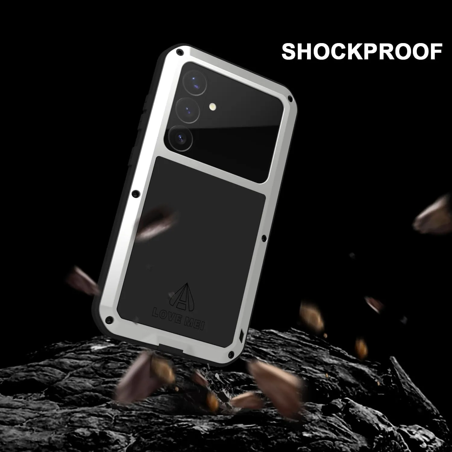 LOVE MEI Military Rugged Case for Samsung Galaxy S25, with Tempered Glass Screen Protector, Shockproof Dustproof Scratch Proof Hybrid Metal and Silicone Gel Heavy Duty Full Body Cover Silver