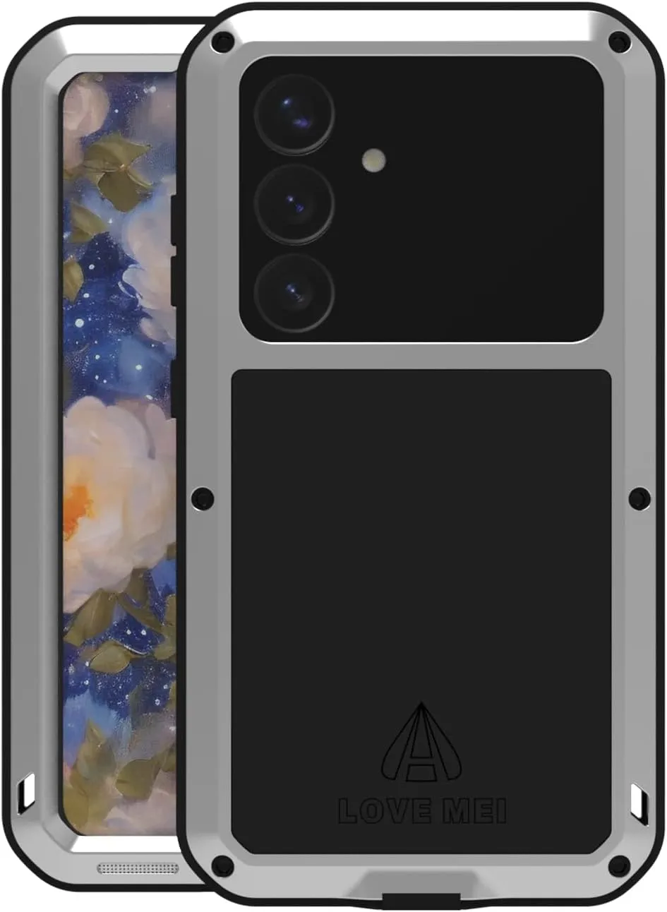 LOVE MEI Military Rugged Case for Samsung Galaxy S25, with Tempered Glass Screen Protector, Shockproof Dustproof Scratch Proof Hybrid Metal and Silicone Gel Heavy Duty Full Body Cover Silver