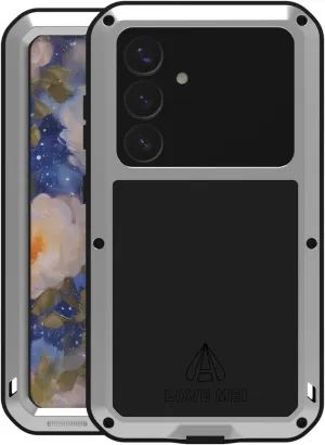 LOVE MEI Military Rugged Case for Samsung Galaxy S25, with Tempered Glass Screen Protector, Shockproof Dustproof Scratch Proof Hybrid Metal and Silicone Gel Heavy Duty Full Body Cover Silver