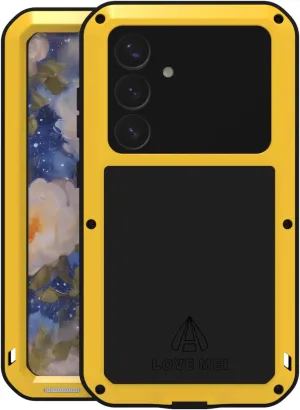 LOVE MEI Military Rugged Case for Samsung Galaxy S25, with Tempered Glass Screen Protector, Shockproof Dustproof Scratch Proof Hybrid Metal and Silicone Gel Heavy Duty Full Body Cover Yellow