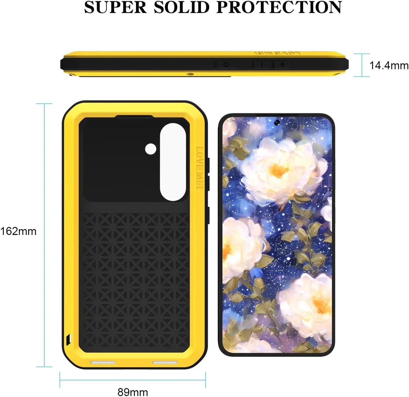 LOVE MEI Military Rugged Case for Samsung Galaxy S25, with Tempered Glass Screen Protector, Shockproof Dustproof Scratch Proof Hybrid Metal and Silicone Gel Heavy Duty Full Body Cover Yellow