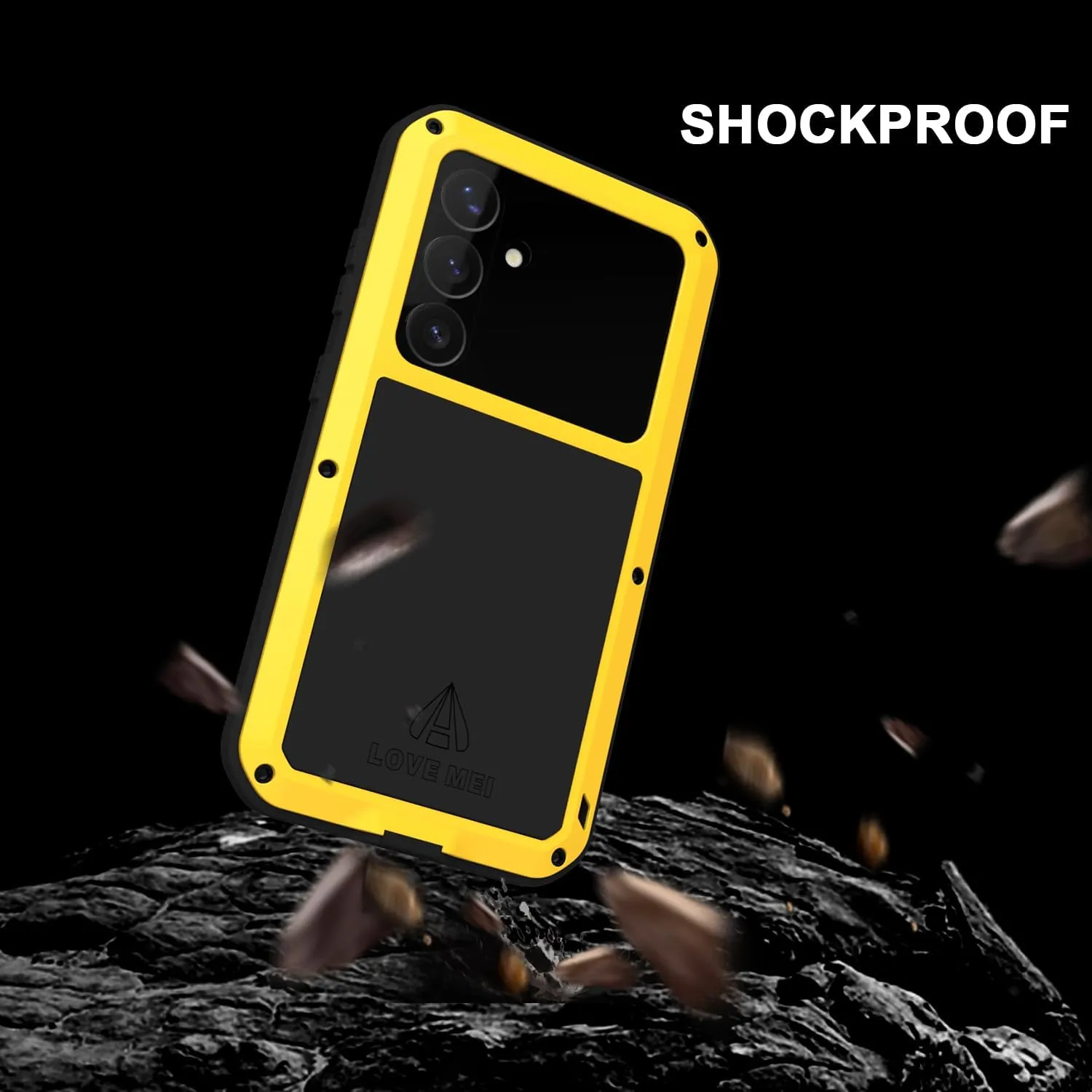 LOVE MEI Military Rugged Case for Samsung Galaxy S25, with Tempered Glass Screen Protector, Shockproof Dustproof Scratch Proof Hybrid Metal and Silicone Gel Heavy Duty Full Body Cover Yellow