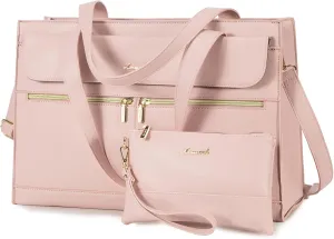 LOVEVOOK Laptop Tote for Women 15.6 Inch Professional Leather Computer Briefcase Waterproof Handbag Large Capacity Business Teacher Office Shoulder Bag Crossbody Purse, Pink