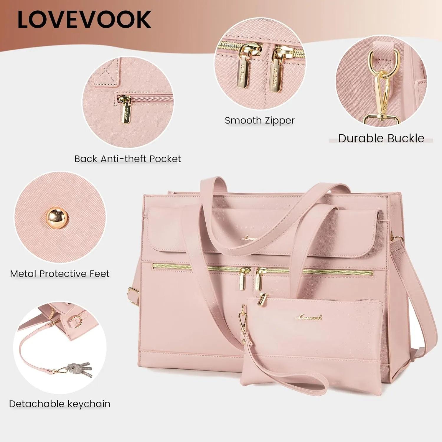 LOVEVOOK Laptop Tote for Women 15.6 Inch Professional Leather Computer Briefcase Waterproof Handbag Large Capacity Business Teacher Office Shoulder Bag Crossbody Purse, Pink