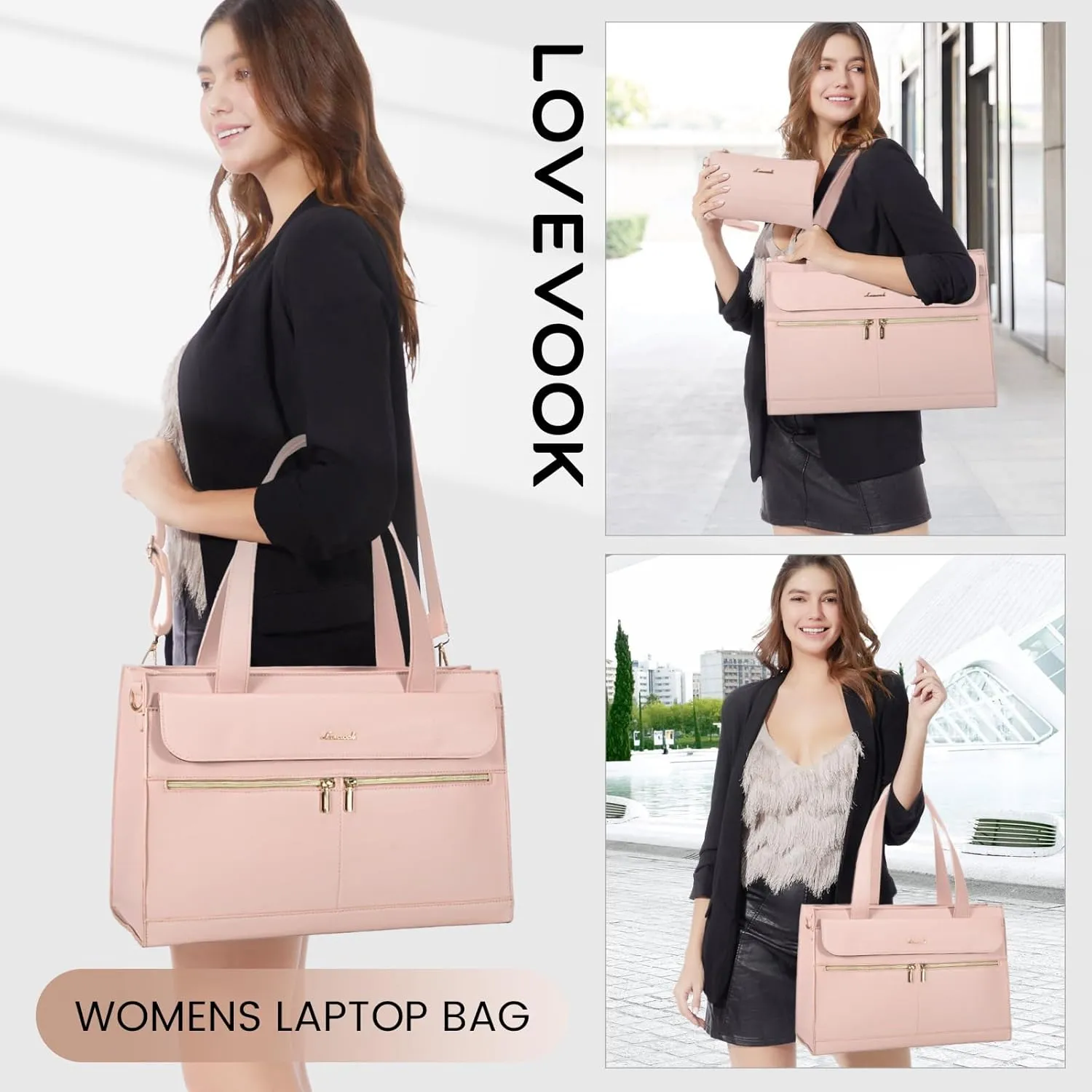 LOVEVOOK Laptop Tote for Women 15.6 Inch Professional Leather Computer Briefcase Waterproof Handbag Large Capacity Business Teacher Office Shoulder Bag Crossbody Purse, Pink
