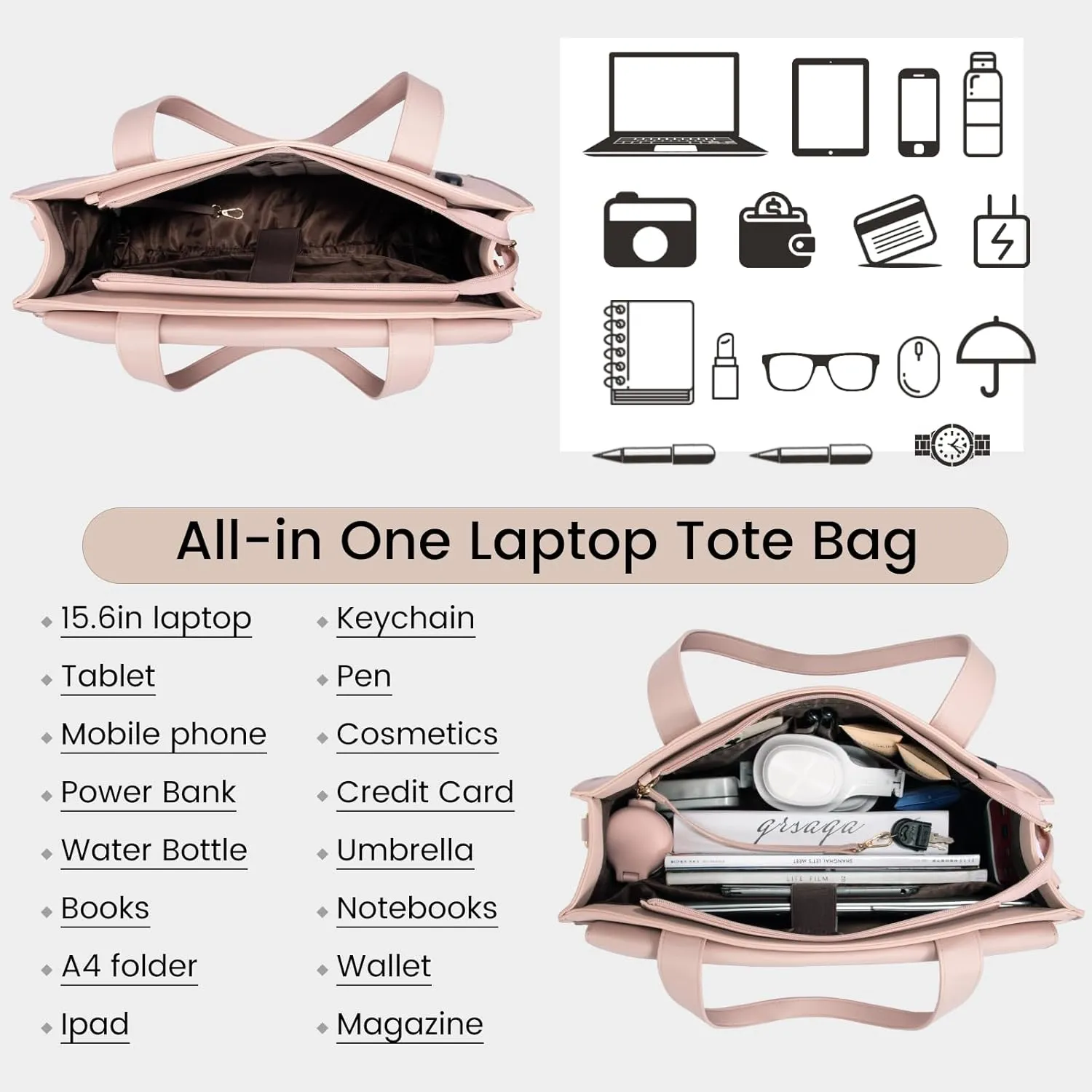 LOVEVOOK Laptop Tote for Women 15.6 Inch Professional Leather Computer Briefcase Waterproof Handbag Large Capacity Business Teacher Office Shoulder Bag Crossbody Purse, Pink