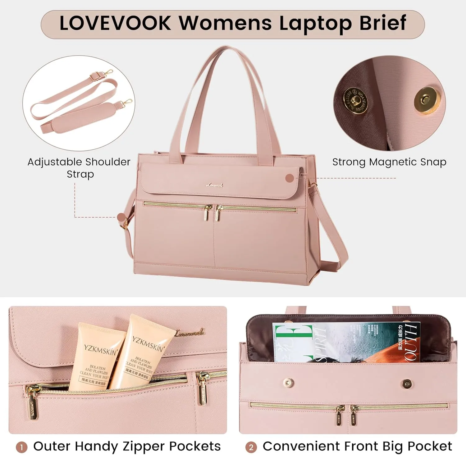 LOVEVOOK Laptop Tote for Women 15.6 Inch Professional Leather Computer Briefcase Waterproof Handbag Large Capacity Business Teacher Office Shoulder Bag Crossbody Purse, Pink