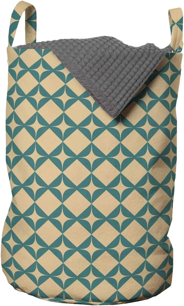Lunarable Abstract Laundry Bag, Symmetrical Illustration of Round and Regular Squares in Retro Style, Hamper Basket with Handles Drawstring Closure for Laundromats, 13" x 19", Pastel Brown and Teal