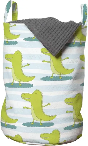 Lunarable Alligator Laundry Bag, Surfing Hipster Sportive Crocodiles Exercise Carnivore Pattern, Hamper Basket with Handles Drawstring Closure for Laundromats, 13" x 19", Yellow Green Pale Blue