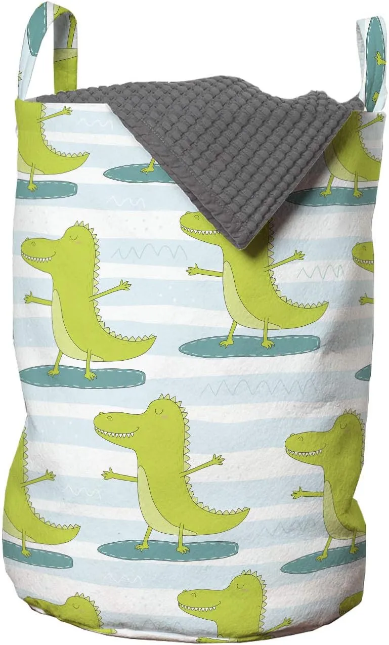 Lunarable Alligator Laundry Bag, Surfing Hipster Sportive Crocodiles Exercise Carnivore Pattern, Hamper Basket with Handles Drawstring Closure for Laundromats, 13" x 19", Yellow Green Pale Blue