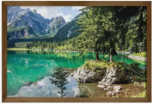 Lunarable Rustic Framed Wall Art, Alpine Lake Laghi di Fusine Forest Rocks Mountain Landscape, Fabric Decor with Teak Tone Wood Frame Home & Dorm Decor, 35" x 23", Jade Green Pale Blue