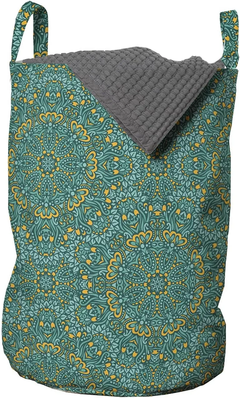 Lunarable Vintage Aztec Laundry Bag, Symmetrical Art Design of Mandala Inspired Flourishing Bloom Ornaments, Hamper Basket with Handles Drawstring Closure for Laundromats, 13" x 19", Earth Yellow Teal