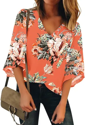 luvamia Women's Casual V Neck Blouse 3/4 Bell Sleeve Mesh Panel Shirts Loose Top