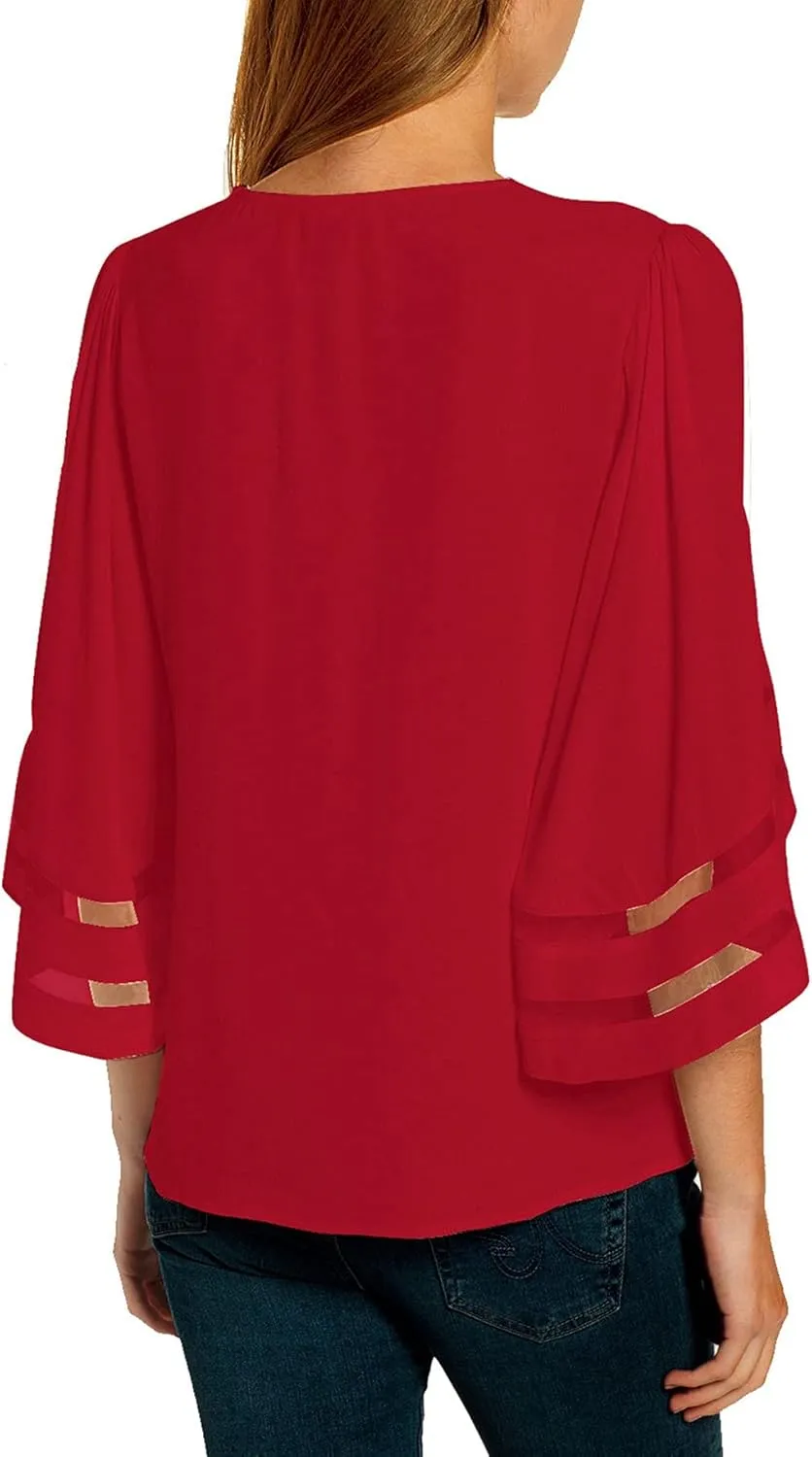 luvamia Women's Casual V Neck Blouse 3/4 Bell Sleeve Mesh Panel Shirts Loose Top