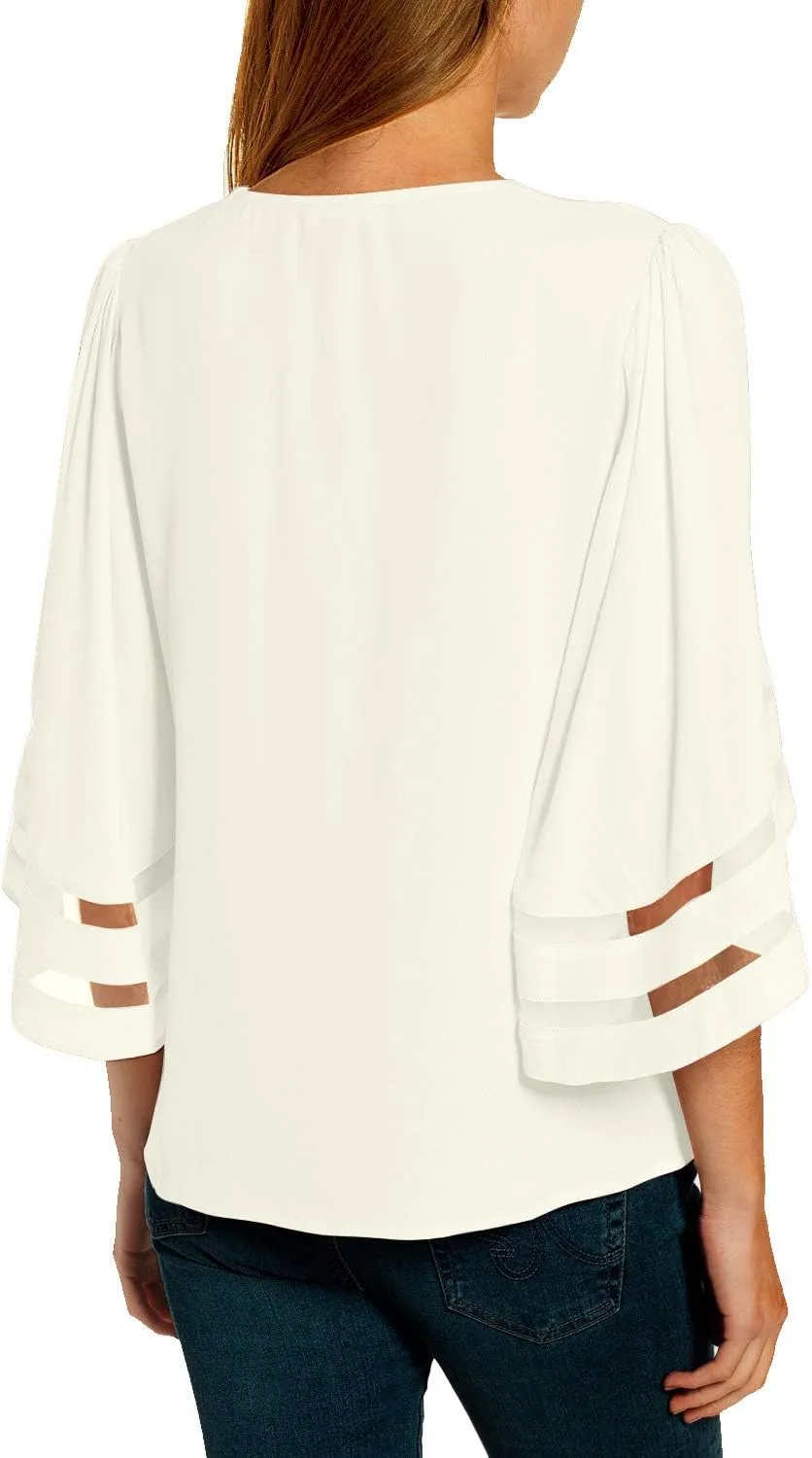 luvamia Women's Casual V Neck Blouse 3/4 Bell Sleeve Mesh Panel Shirts Loose Top