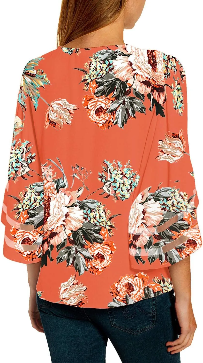 luvamia Women's Casual V Neck Blouse 3/4 Bell Sleeve Mesh Panel Shirts Loose Top