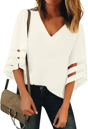 luvamia Women's Casual V Neck Blouse 3/4 Bell Sleeve Mesh Panel Shirts Loose Top