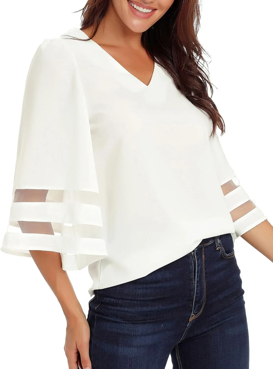 luvamia Women's Casual V Neck Blouse 3/4 Bell Sleeve Mesh Panel Shirts Loose Top