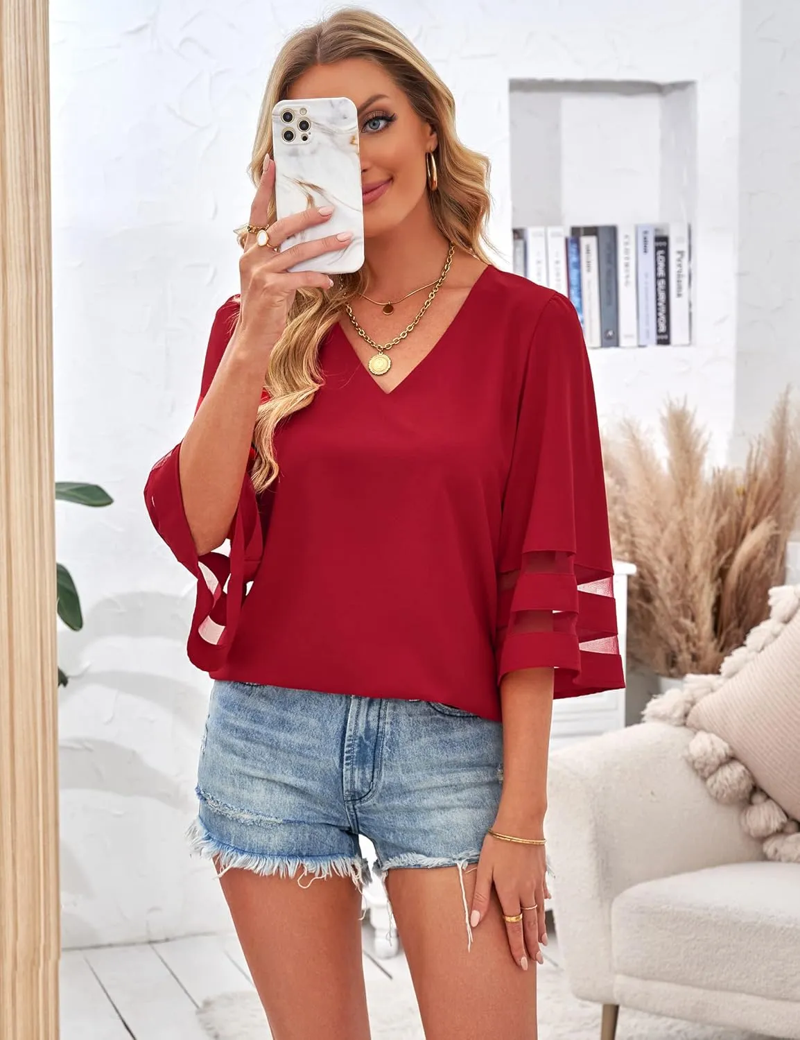 luvamia Women's Casual V Neck Blouse 3/4 Bell Sleeve Mesh Panel Shirts Loose Top