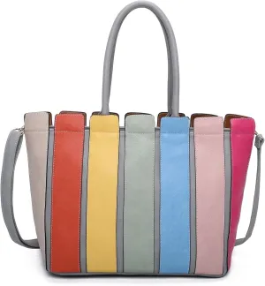 Mabel Women's Colorful Stripe Shoulder Bag – Faux Leather Tote with Top Handles & Long Adjustable Strap – Multicolor – Iris