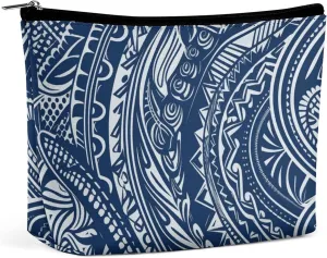 Makeup Bag Blue Polynesian Maori Tribal Pattern Printed Small Travel Cosmetic Bag for Women Water-Resistant Portable Cosmetic Pouch Toiletry Bag