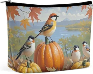 Makeup Bag Foldable Cosmetic Bag Sparrow And Pumpkin Printed Makeup Organizer Travel Makeup Bag for Travel And Daily Life