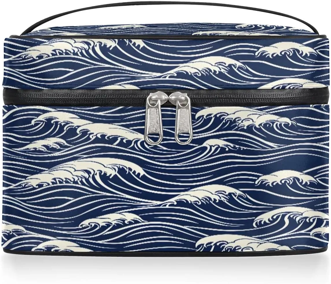 Makeup Bag Large Seawater Print Toiletry Bag for Women Travel Cosmetic Bag Portable Makeup Bag for Bottles Brushes Lipstick Skin Care