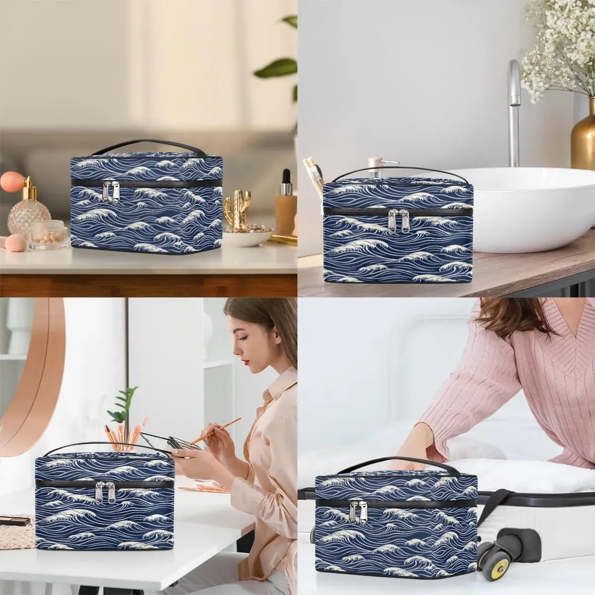 Makeup Bag Large Seawater Print Toiletry Bag for Women Travel Cosmetic Bag Portable Makeup Bag for Bottles Brushes Lipstick Skin Care