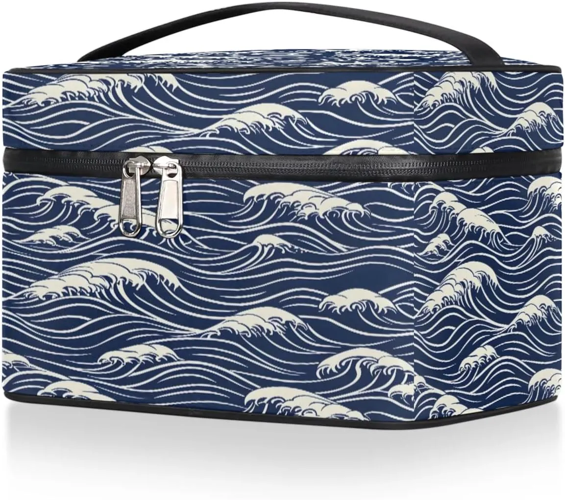Makeup Bag Large Seawater Print Toiletry Bag for Women Travel Cosmetic Bag Portable Makeup Bag for Bottles Brushes Lipstick Skin Care