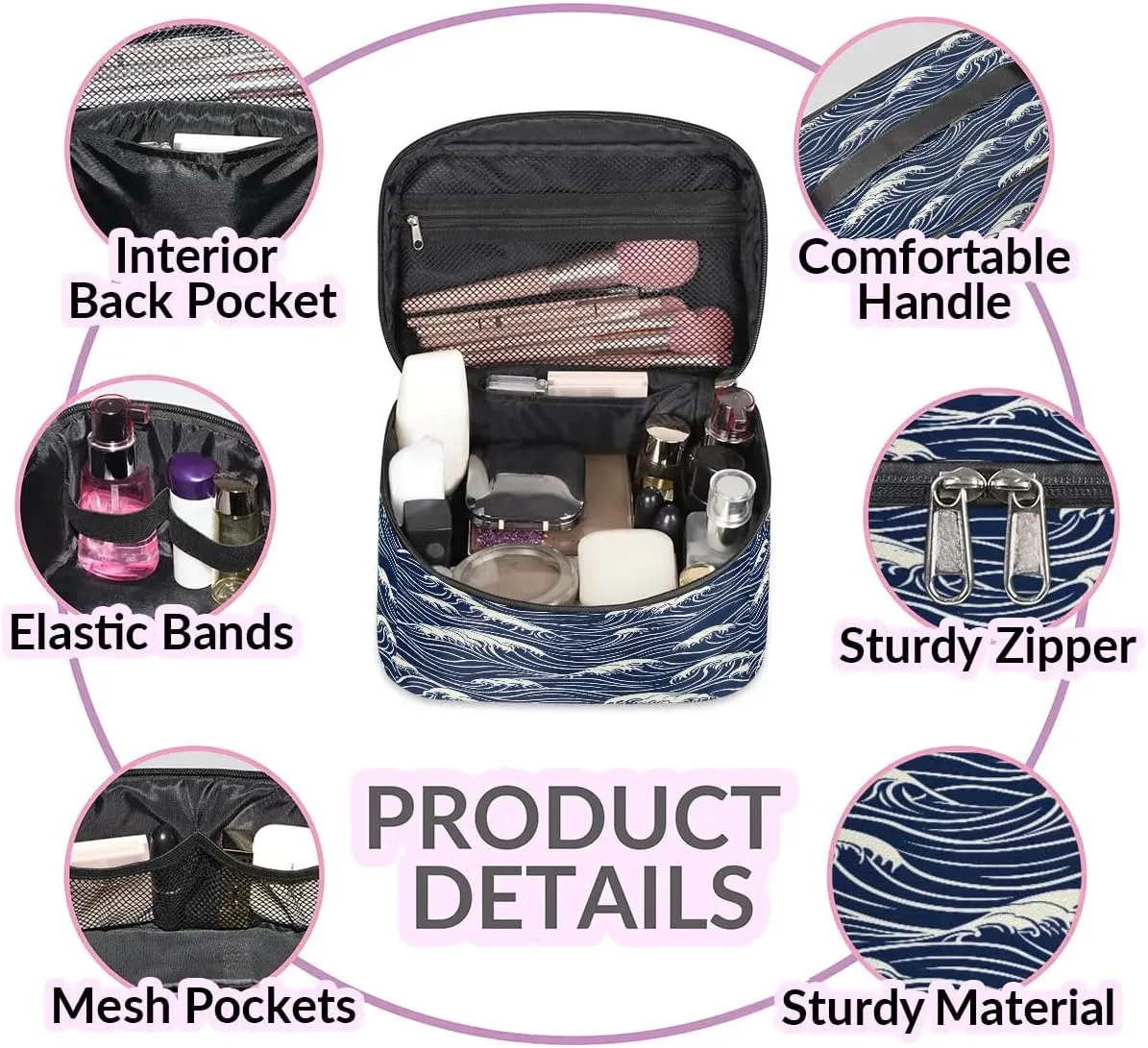 Makeup Bag Large Seawater Print Toiletry Bag for Women Travel Cosmetic Bag Portable Makeup Bag for Bottles Brushes Lipstick Skin Care