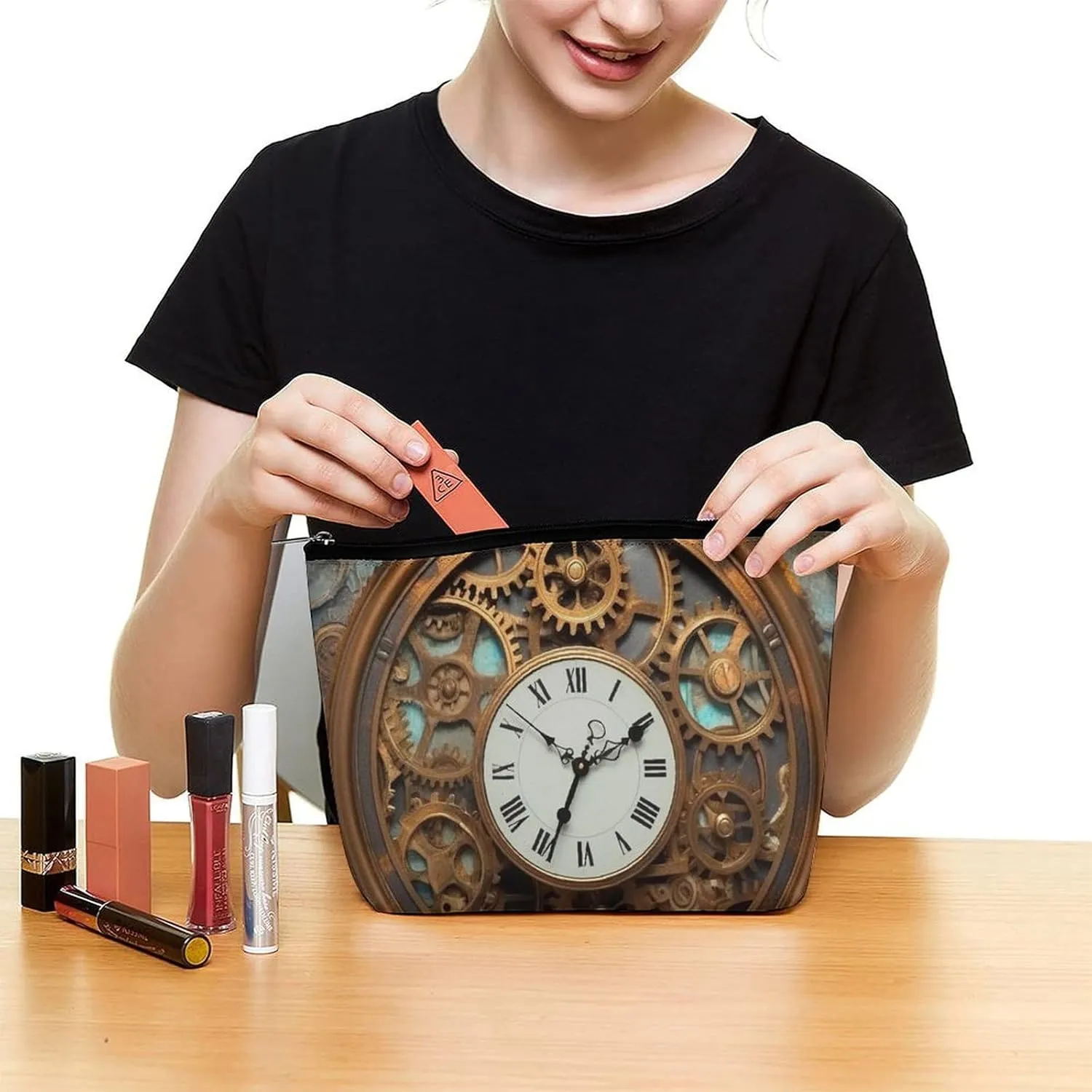 Makeup Bag Portable Cosmetic Bag Rusty Steampunk Clock Toiletry Bag Makeup Organizer Case Large Capacity Zipper Pouch Travel Toiletry Pouch for Women Men