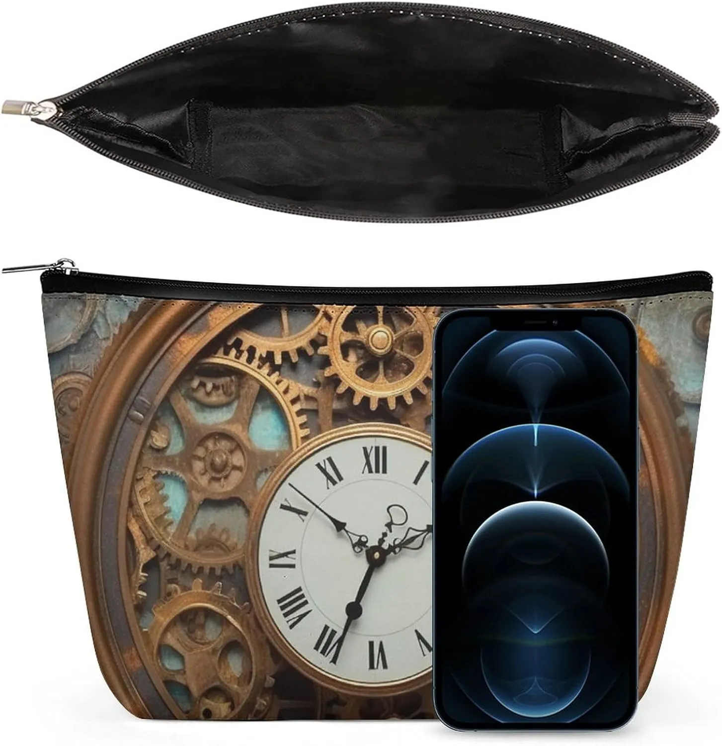 Makeup Bag Portable Cosmetic Bag Rusty Steampunk Clock Toiletry Bag Makeup Organizer Case Large Capacity Zipper Pouch Travel Toiletry Pouch for Women Men