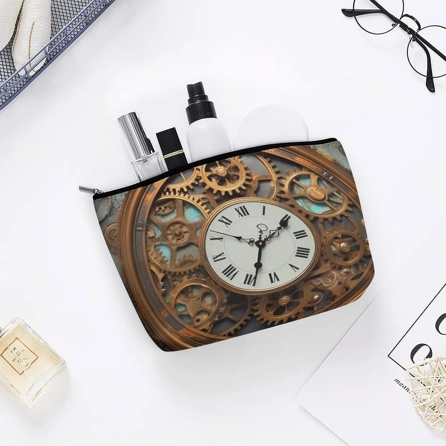 Makeup Bag Portable Cosmetic Bag Rusty Steampunk Clock Toiletry Bag Makeup Organizer Case Large Capacity Zipper Pouch Travel Toiletry Pouch for Women Men