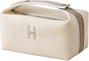 Makeup Bag Travel Toiletry Bag, Small Cosmetic Bag Portable Travel Makeup Bag with Handle, Fashion Canvas Makeup Organizer Bag Water Resistant for Women and Men (Beige)