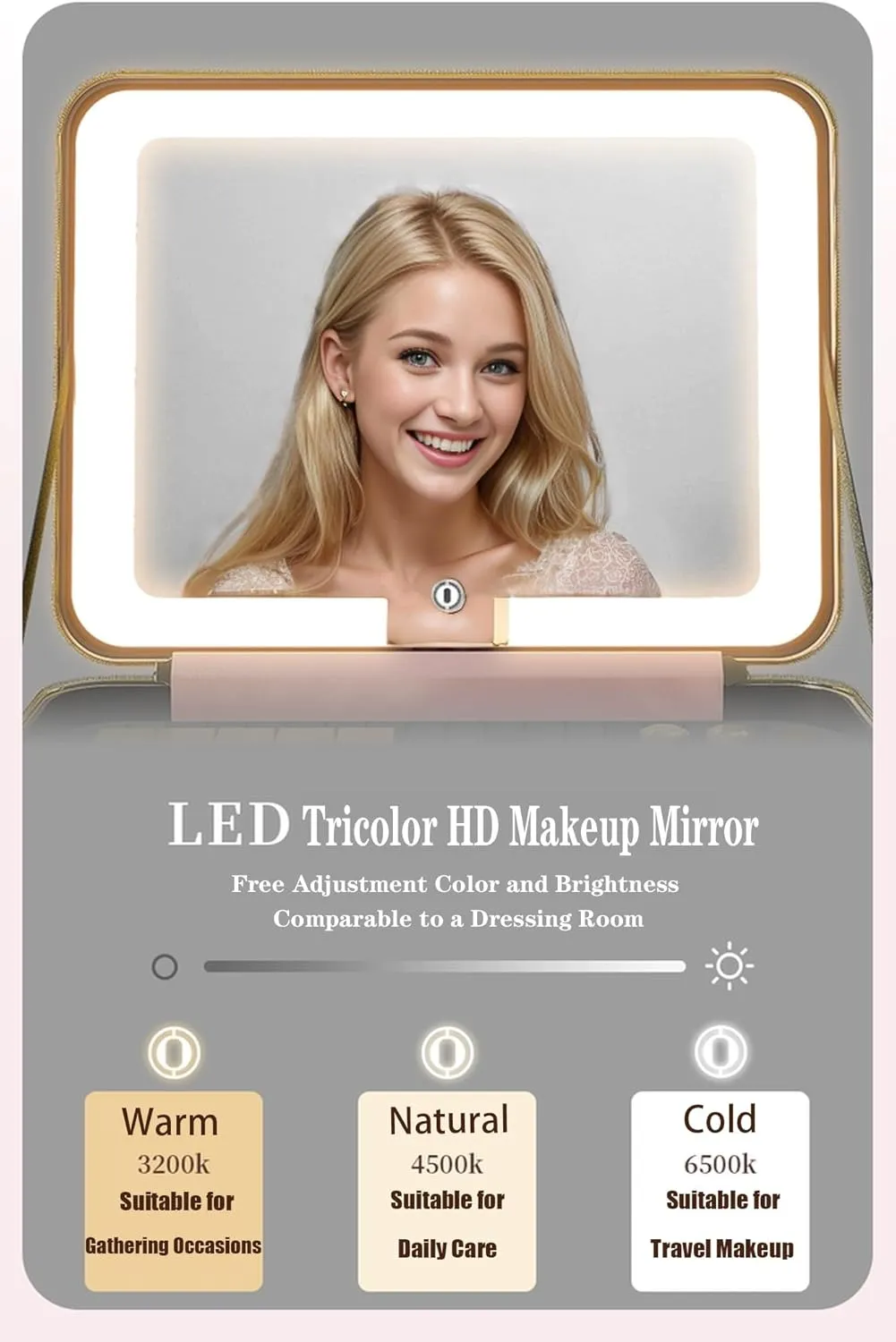 Makeup Bag with LED Mirror, Portable Makeup Artist Organizer Case with Lighted Mirror, Travel Makeup Bag for Women Cosmetic Brush Holder Storage, Pink Makeup Gift for Girls