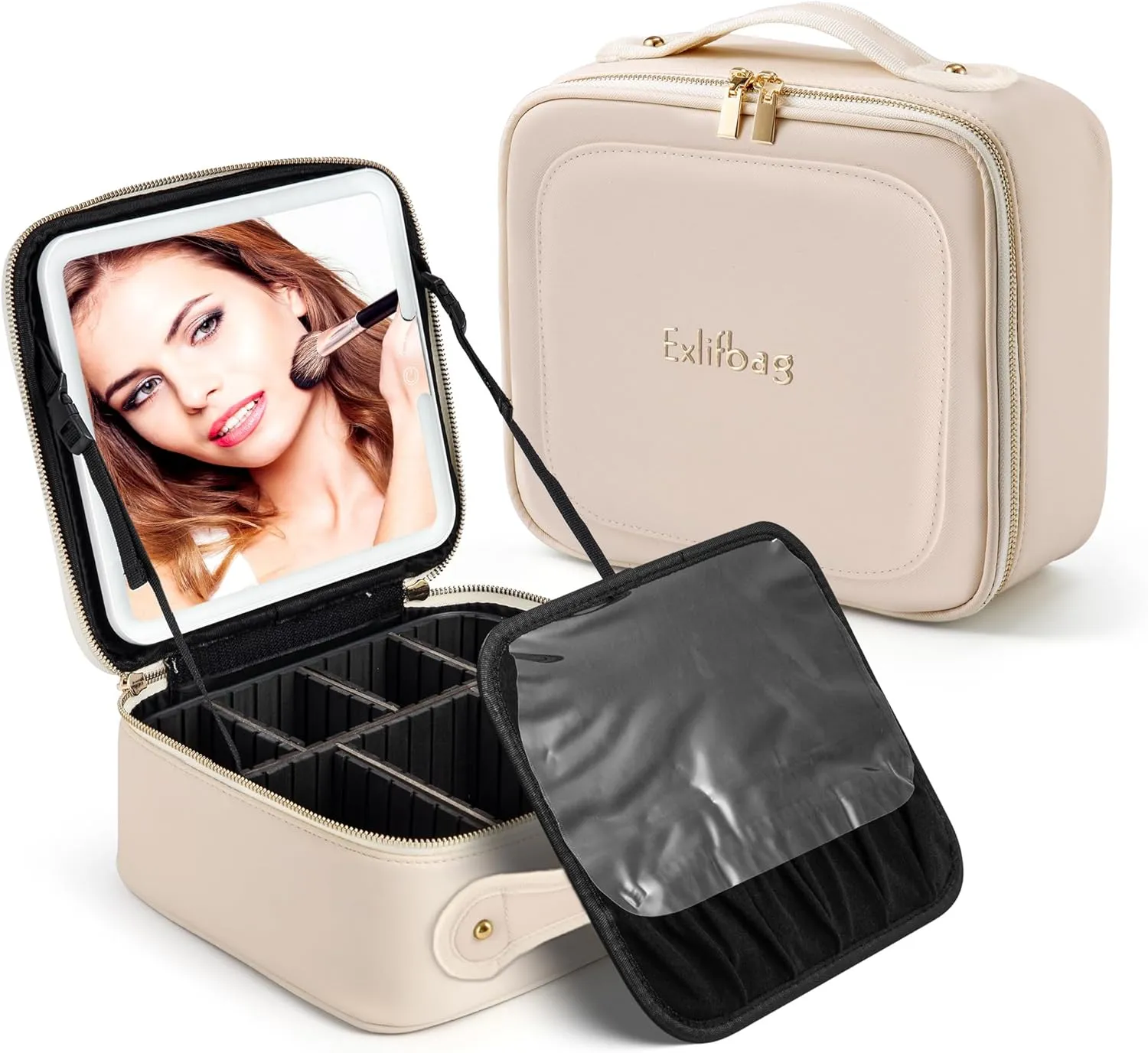 Makeup Bag with Led Mirror, Portable Travel Makeup Bag Organizer, Cosmetic Bag (Beige)