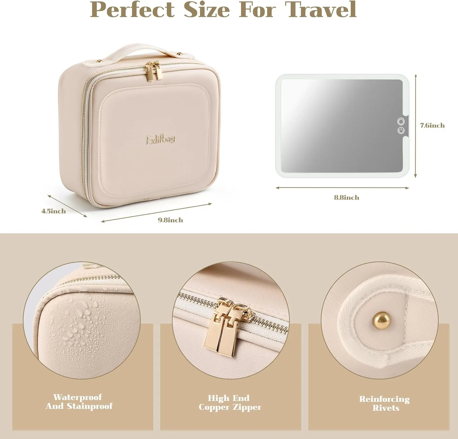 Makeup Bag with Led Mirror, Portable Travel Makeup Bag Organizer, Cosmetic Bag (Beige)