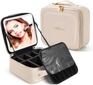 Makeup Bag with Led Mirror, Portable Travel Makeup Bag Organizer, Cosmetic Bag (Beige)