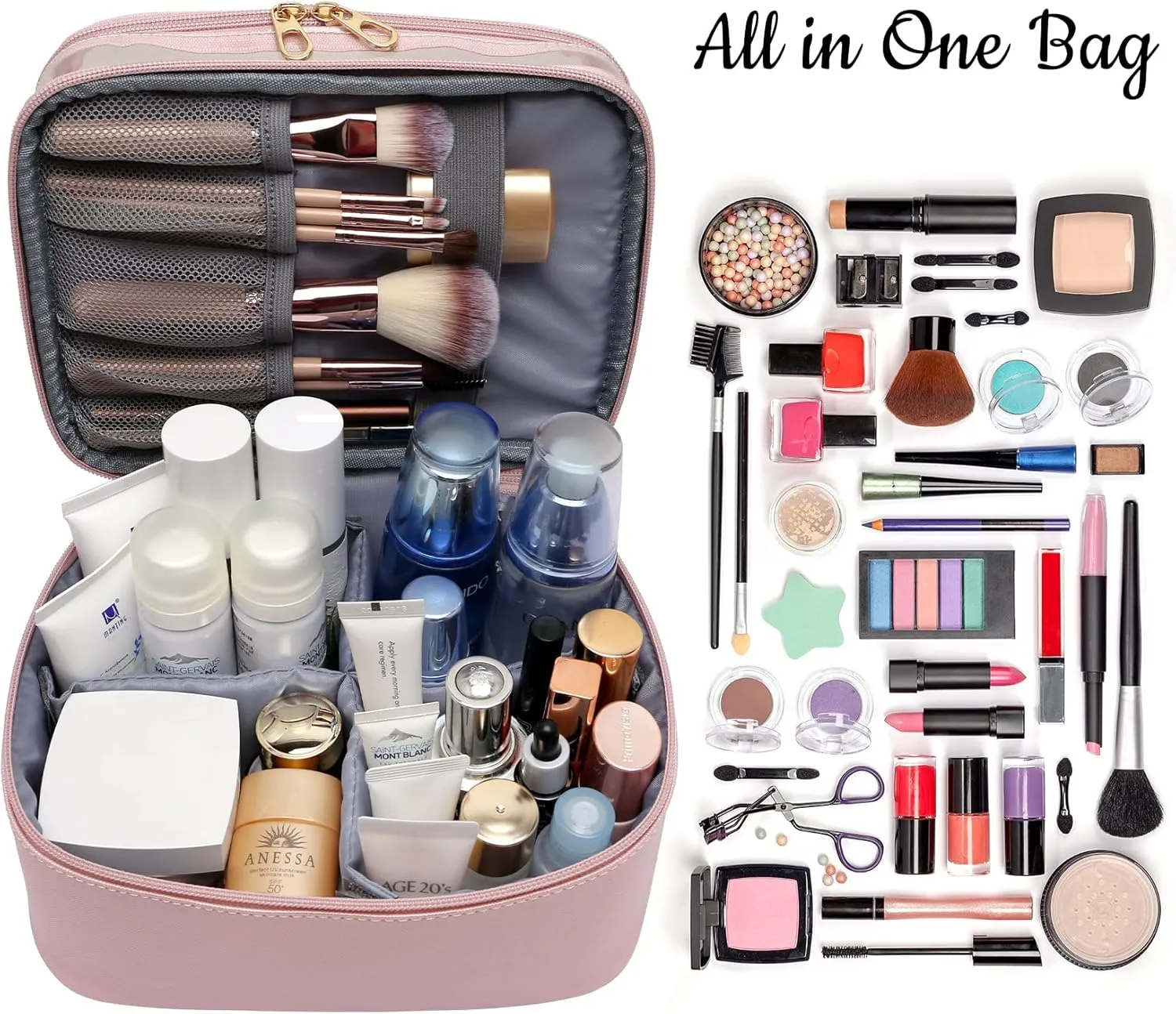 Makeup Bag,Leather Double Layer Large Makeups Organizer Bag,Travel Accessories Dorm Room Essentials Toiletry Bag for Women,Travel Essentials Cosmetic Bag Makeup Case,Mothers Day Gifts Graduation Gifts