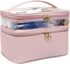 Makeup Bag,Leather Double Layer Large Makeups Organizer Bag,Travel Accessories Dorm Room Essentials Toiletry Bag for Women,Travel Essentials Cosmetic Bag Makeup Case,Mothers Day Gifts Graduation Gifts