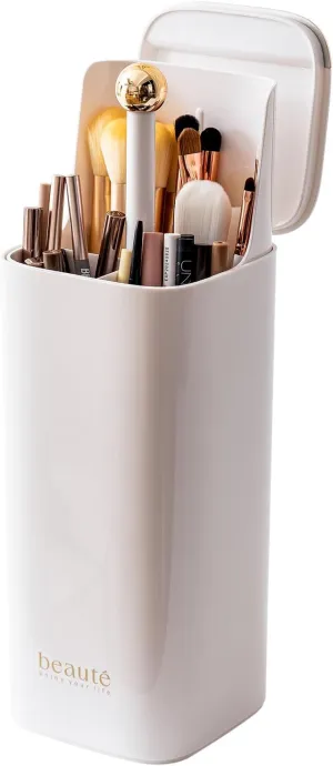 Makeup Brush Holder Organizer, One Touch for Open, Dustproof Make Up Organizer with Lid for Vanity Bathroom Countertop,White