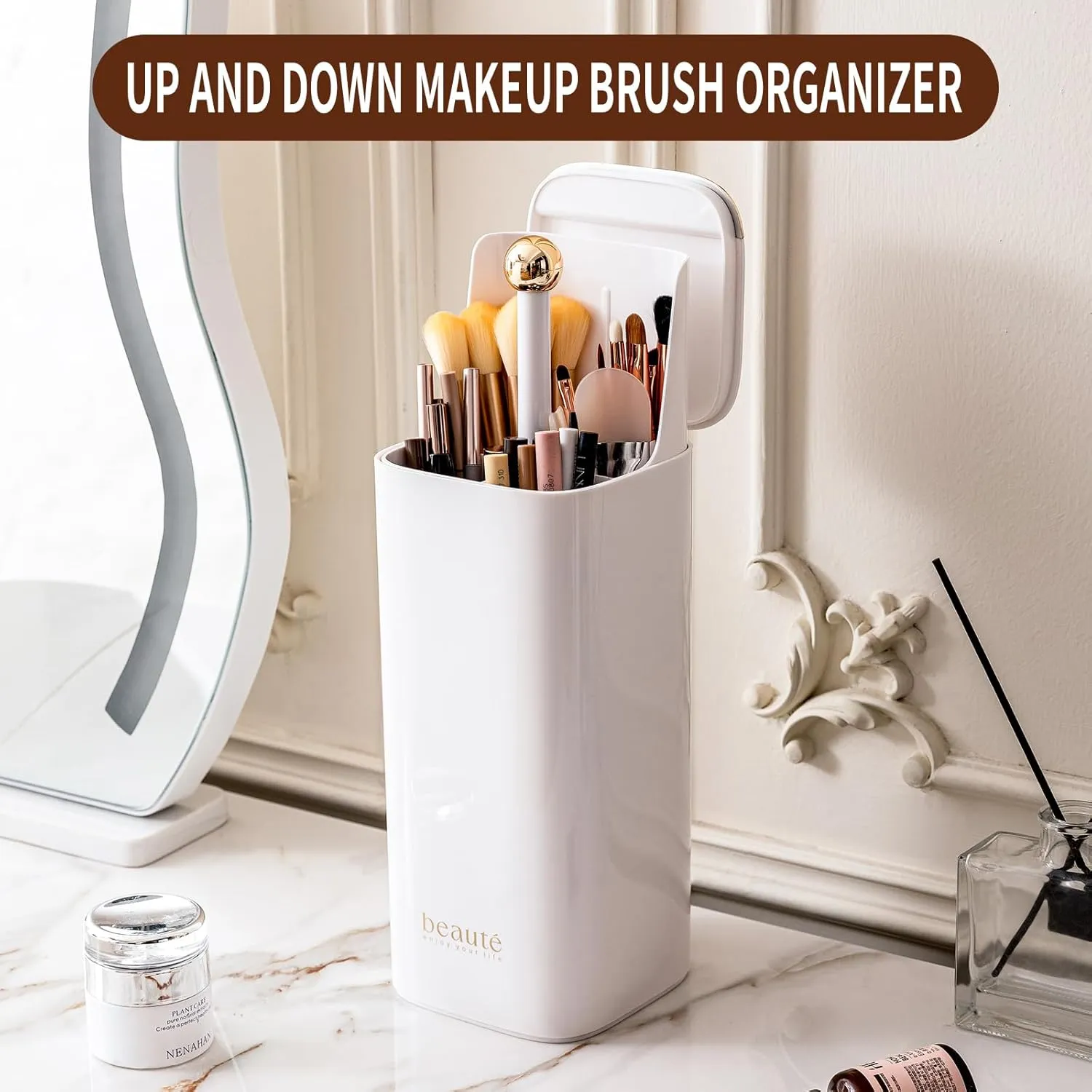 Makeup Brush Holder Organizer, One Touch for Open, Dustproof Make Up Organizer with Lid for Vanity Bathroom Countertop,White