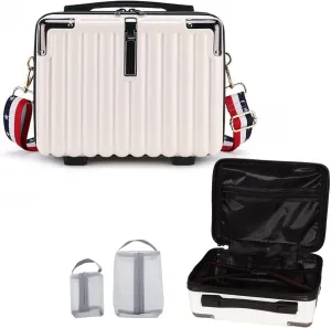 Makeup Travel Case, Hard Shell Cosmetic Case Organizer, Portable Cosmetic Bag, Mini Makeup Luggage with Shoulder Strap, ABS Surface, Zipper, Large Capacity, White