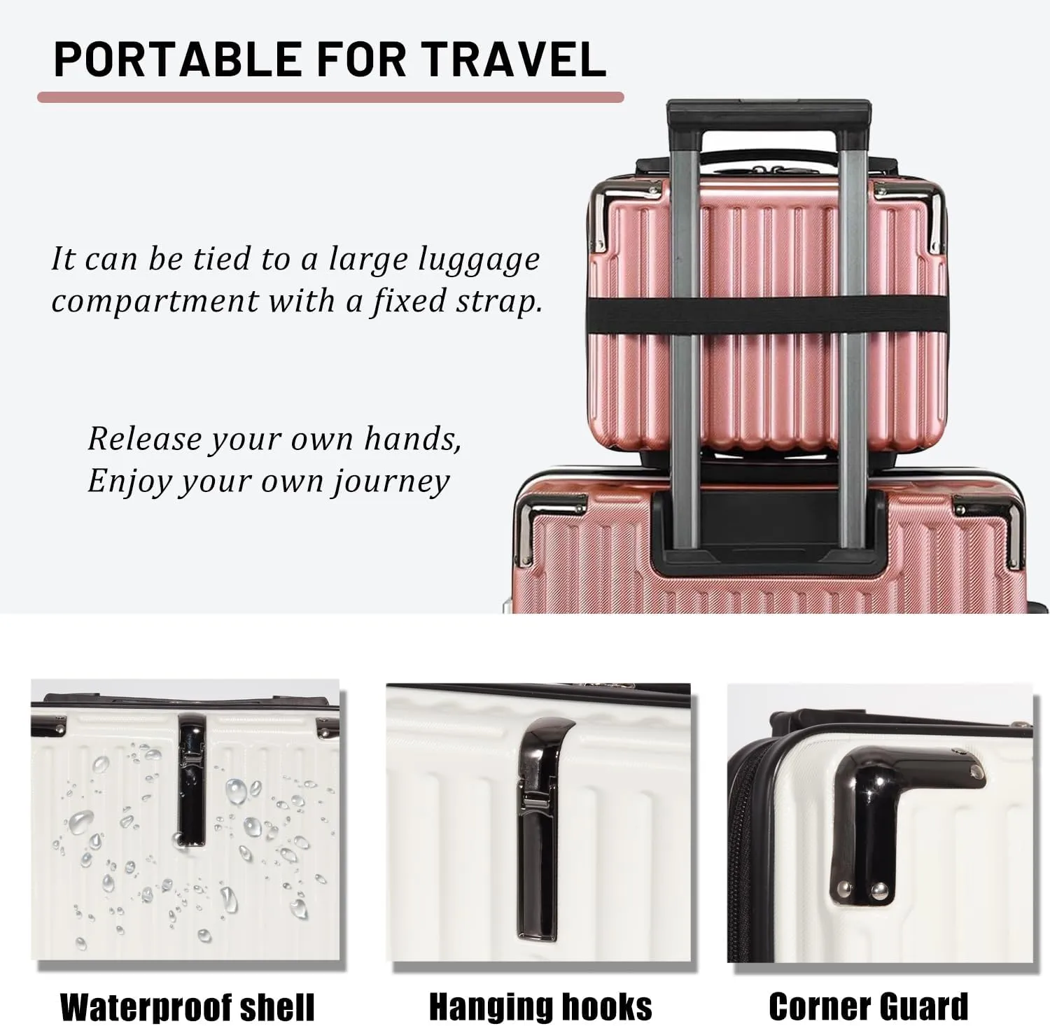 Makeup Travel Case, Hard Shell Cosmetic Case Organizer, Portable Cosmetic Bag, Mini Makeup Luggage with Shoulder Strap, ABS Surface, Zipper, Large Capacity, White
