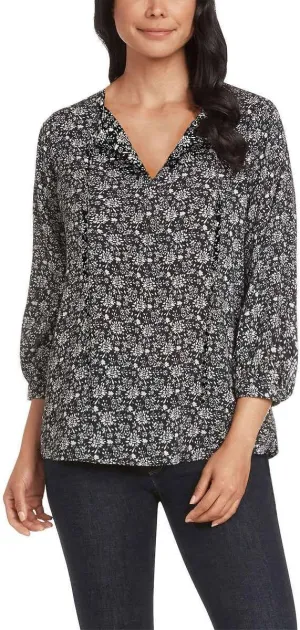 Matty M Women's 3/4 Sleeve Tie Front Top (Black Floral, Medium)