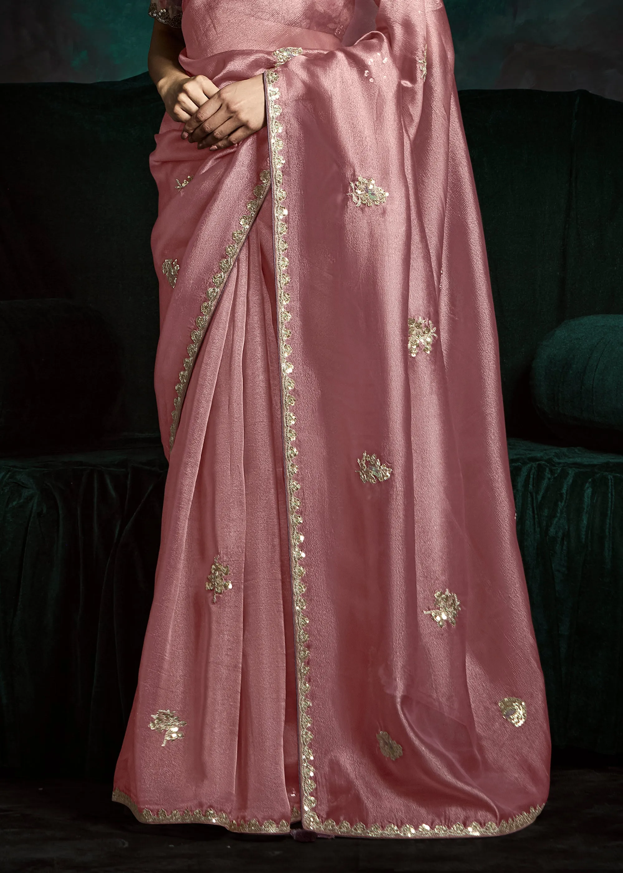 Mauve Pink Designer Tissue Silk Saree With Printed Blouse