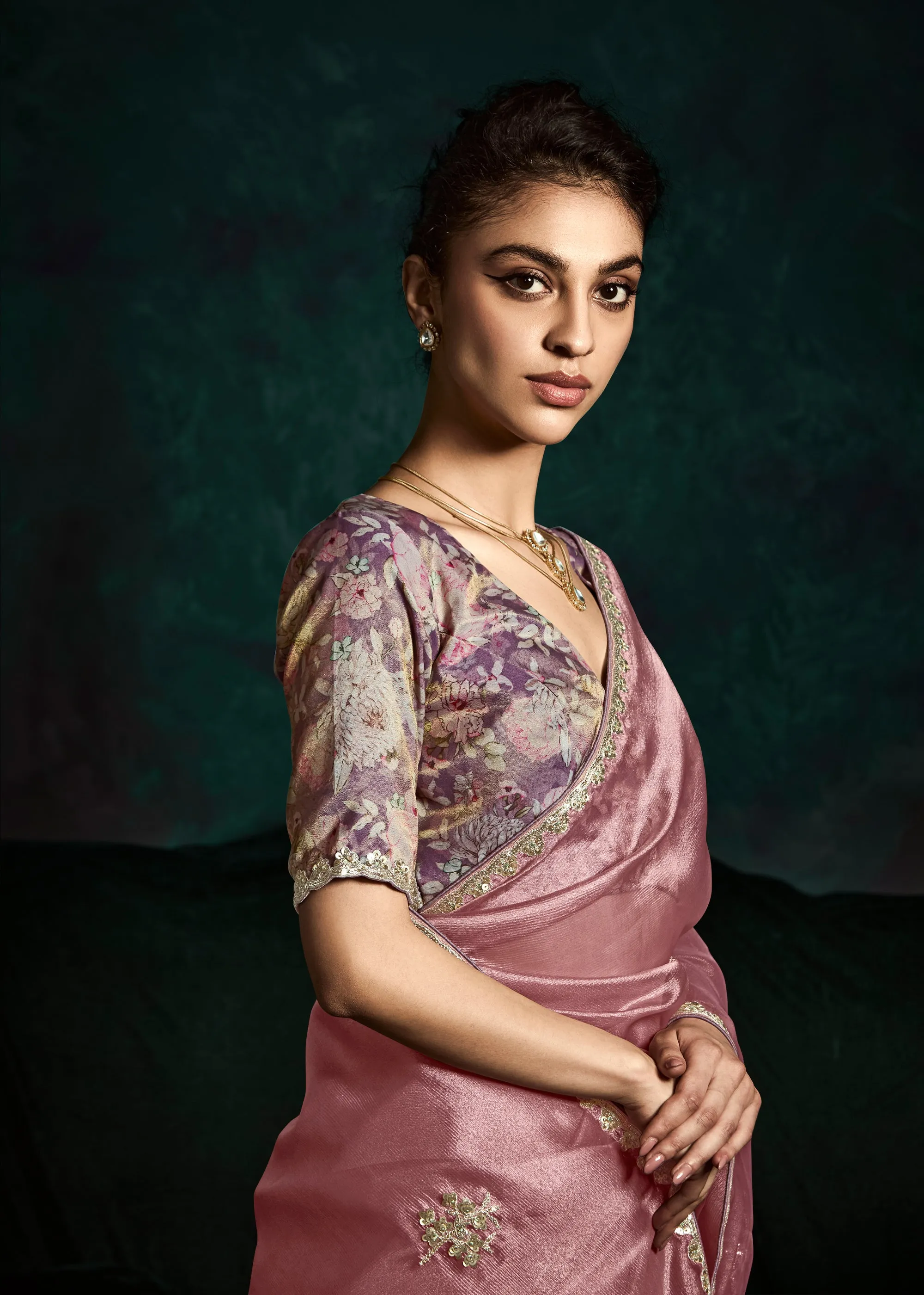 Mauve Pink Designer Tissue Silk Saree With Printed Blouse