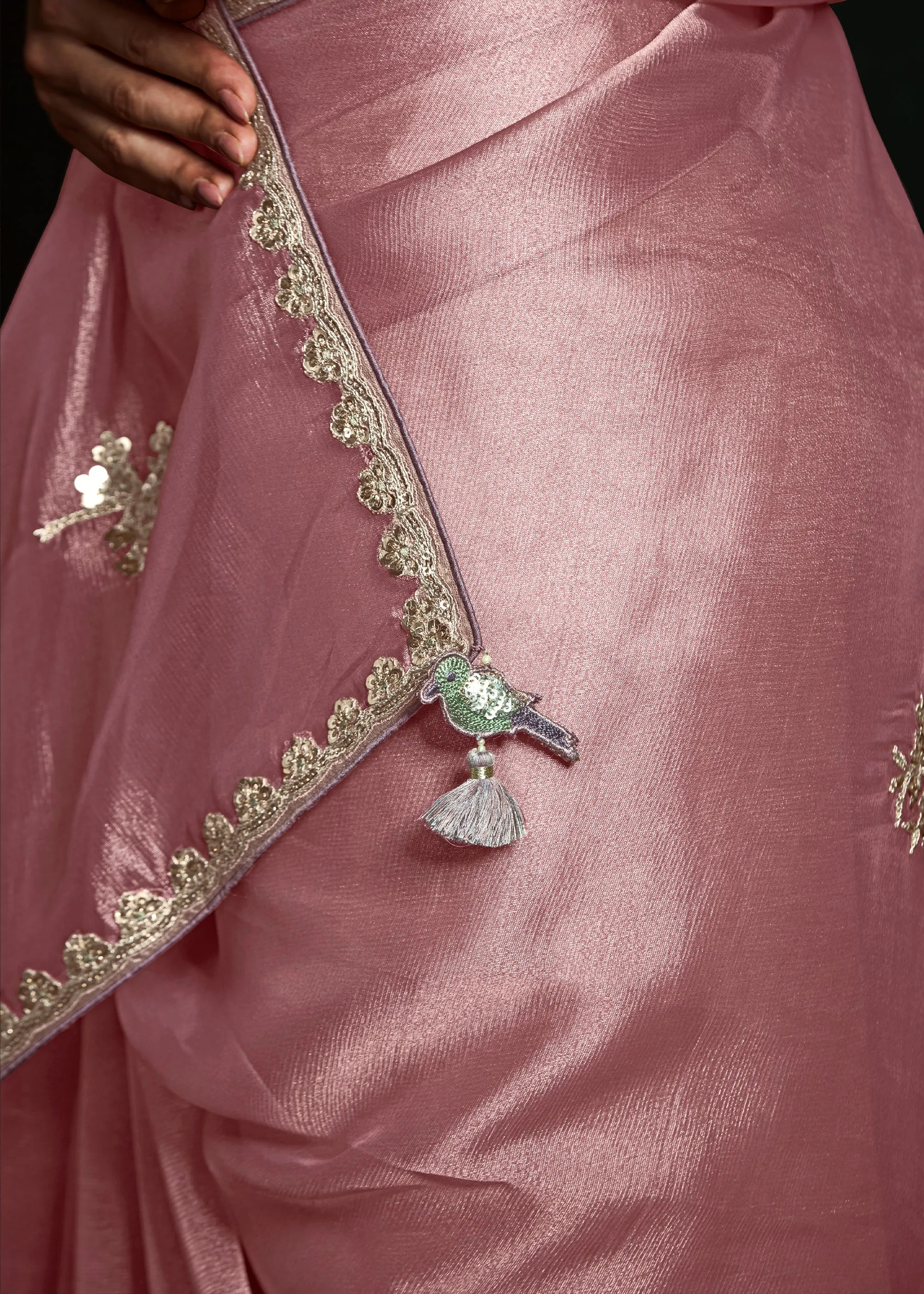 Mauve Pink Designer Tissue Silk Saree With Printed Blouse