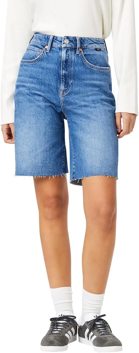 Mavi Women's Selina High Rise Straight Leg Denim Shorts, Mid Brushed Recycled Blue, 30